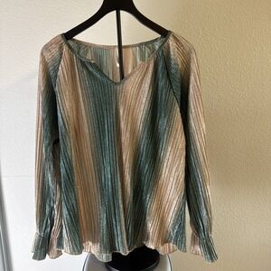 Hesed Women's Metallic Shiny V-Neck Blouse Pink & Green Size M